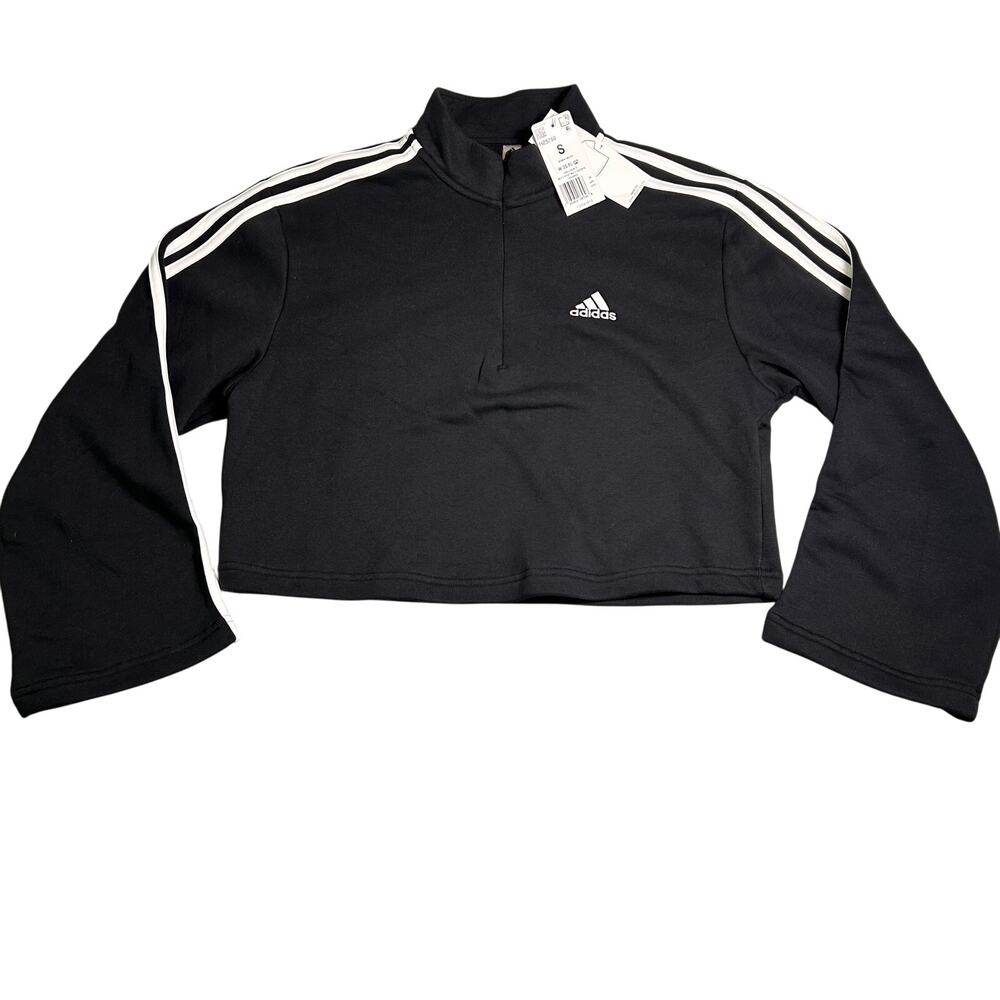 NWT Adidas Cropped 1/4 Zip Womens S Pullover Classic Logo Stripes Relaxed Active
